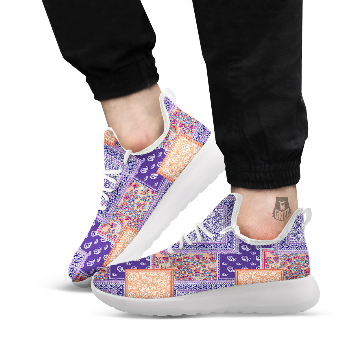 Patchwork Paisley Blue And Orange Print Pattern White Athletic Shoes-grizzshop