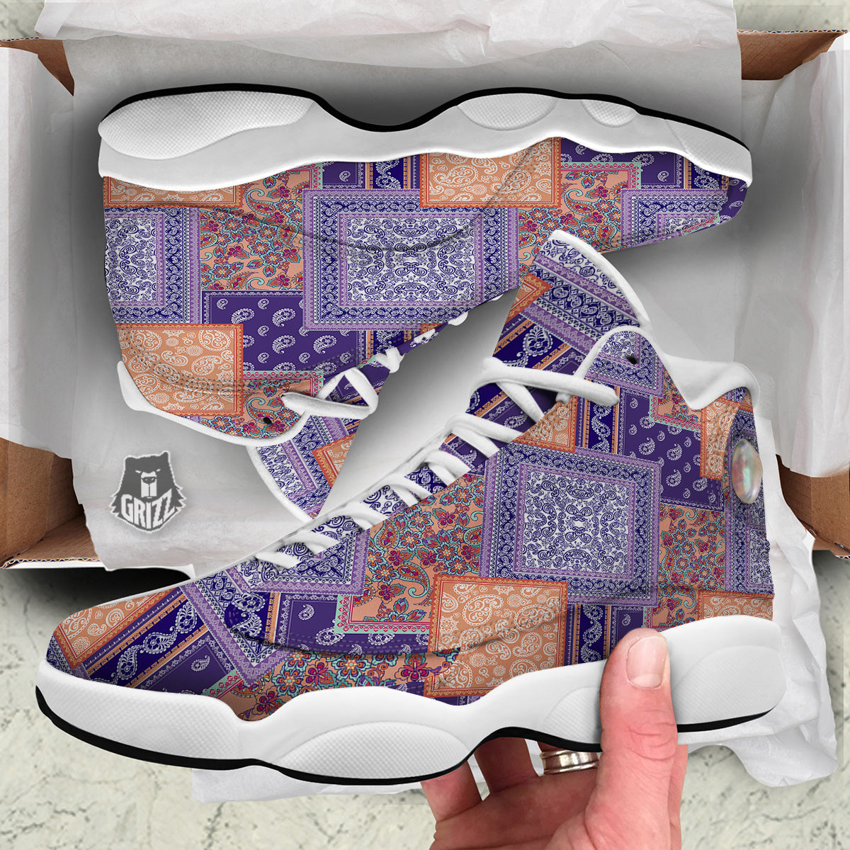 Patchwork Paisley Blue And Orange Print Pattern White Basketball Shoes-grizzshop