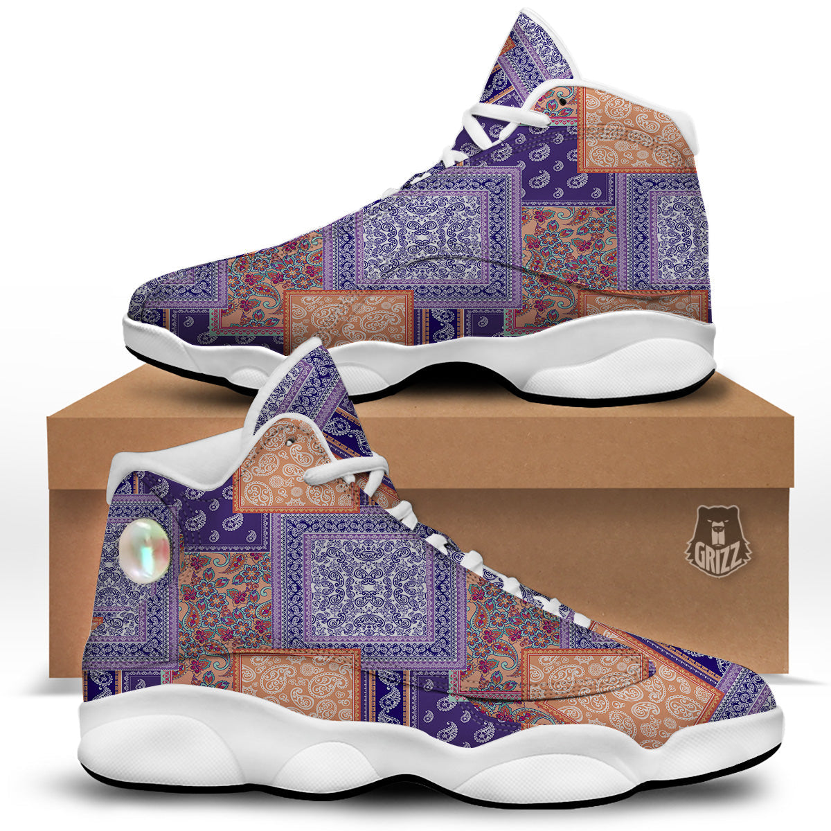 Patchwork Paisley Blue And Orange Print Pattern White Basketball Shoes-grizzshop