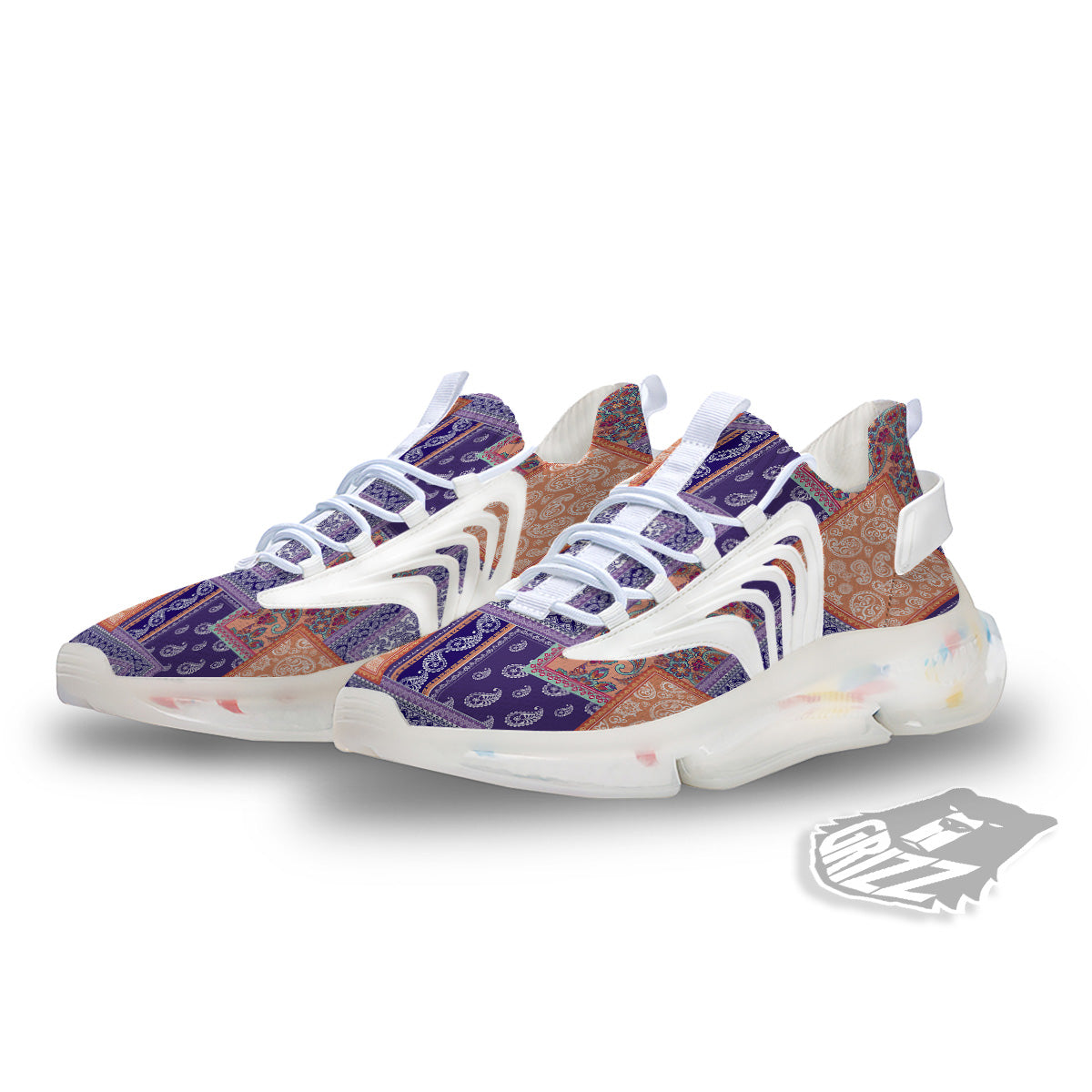 Patchwork Paisley Blue And Orange Print Pattern White Gym Shoes-grizzshop