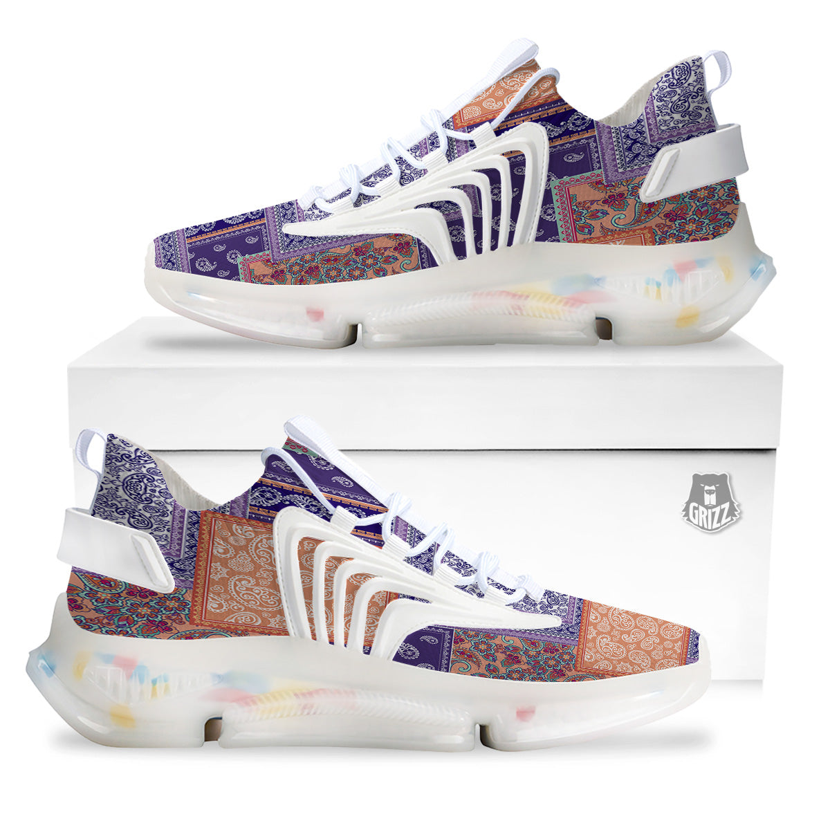 Patchwork Paisley Blue And Orange Print Pattern White Gym Shoes-grizzshop