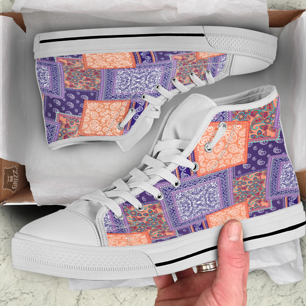 Patchwork Paisley Blue And Orange Print Pattern White High Top Shoes-grizzshop