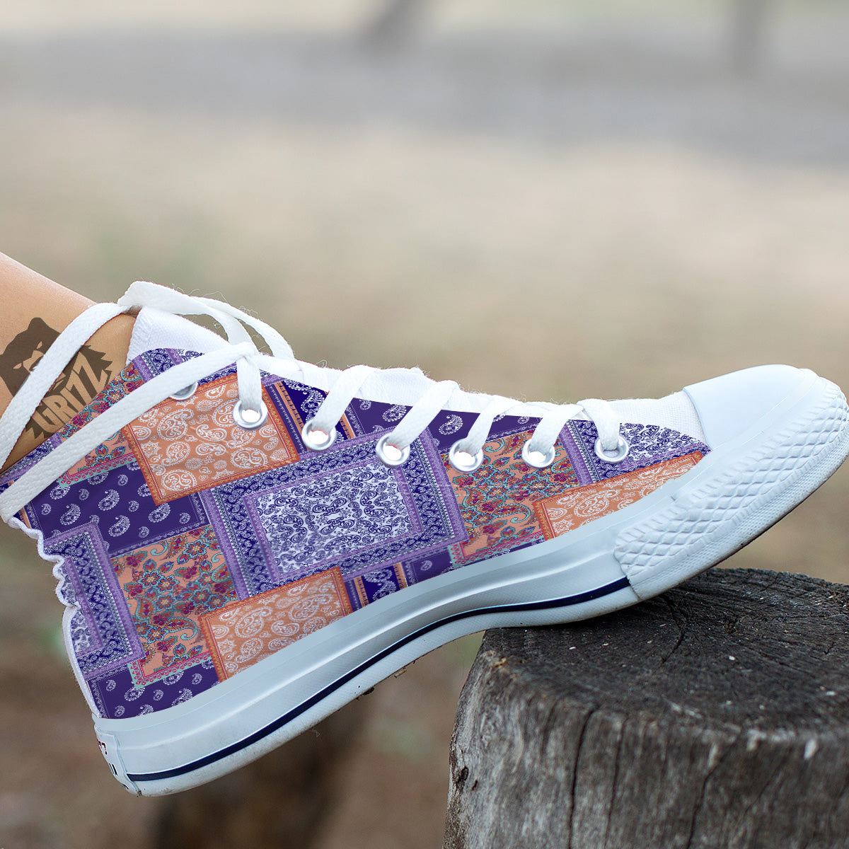 Patchwork Paisley Blue And Orange Print Pattern White High Top Shoes-grizzshop