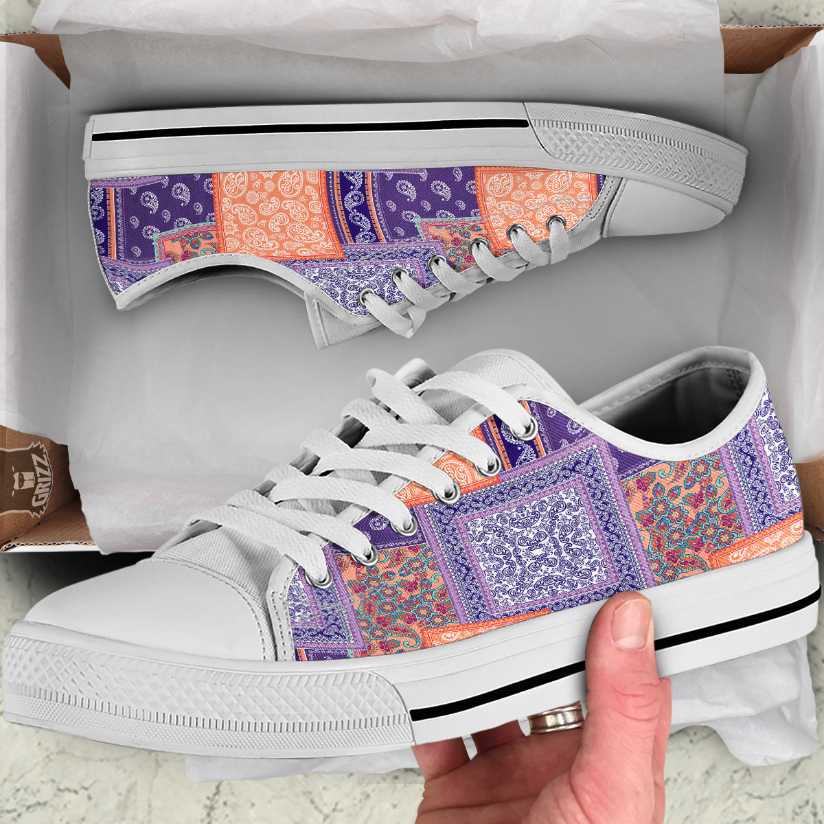 Patchwork Paisley Blue And Orange Print Pattern White Low Top Shoes-grizzshop
