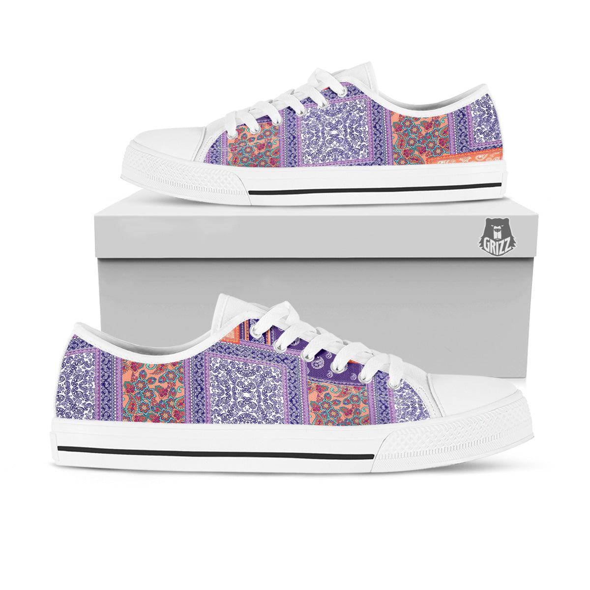 Patchwork Paisley Blue And Orange Print Pattern White Low Top Shoes-grizzshop