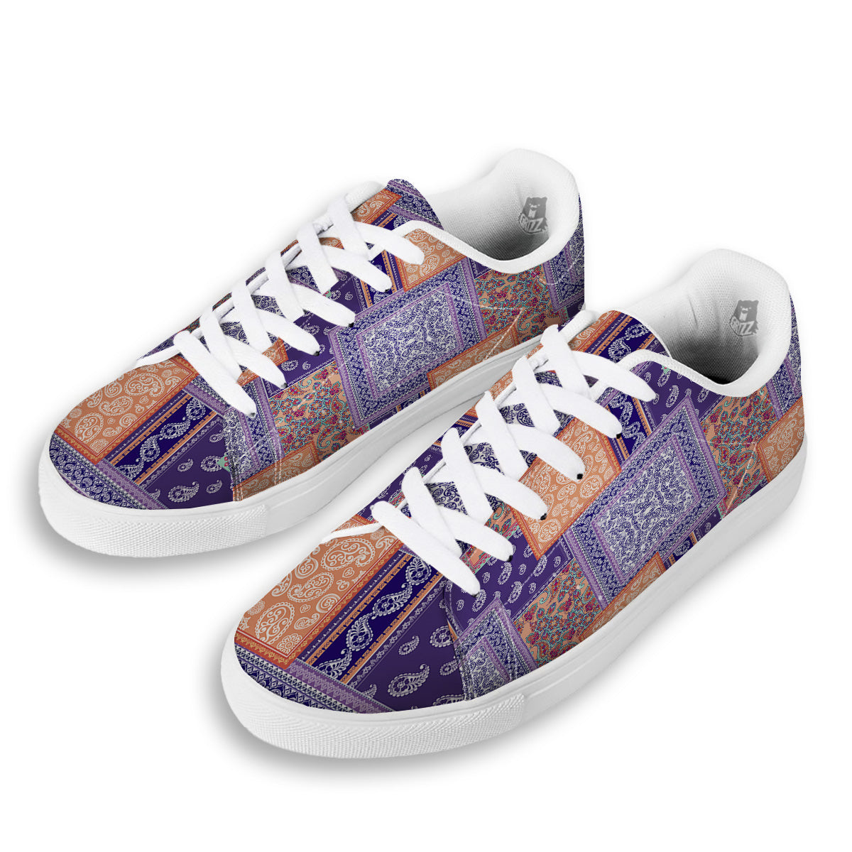 Patchwork Paisley Blue And Orange Print Pattern White Low Top Sneakers-grizzshop