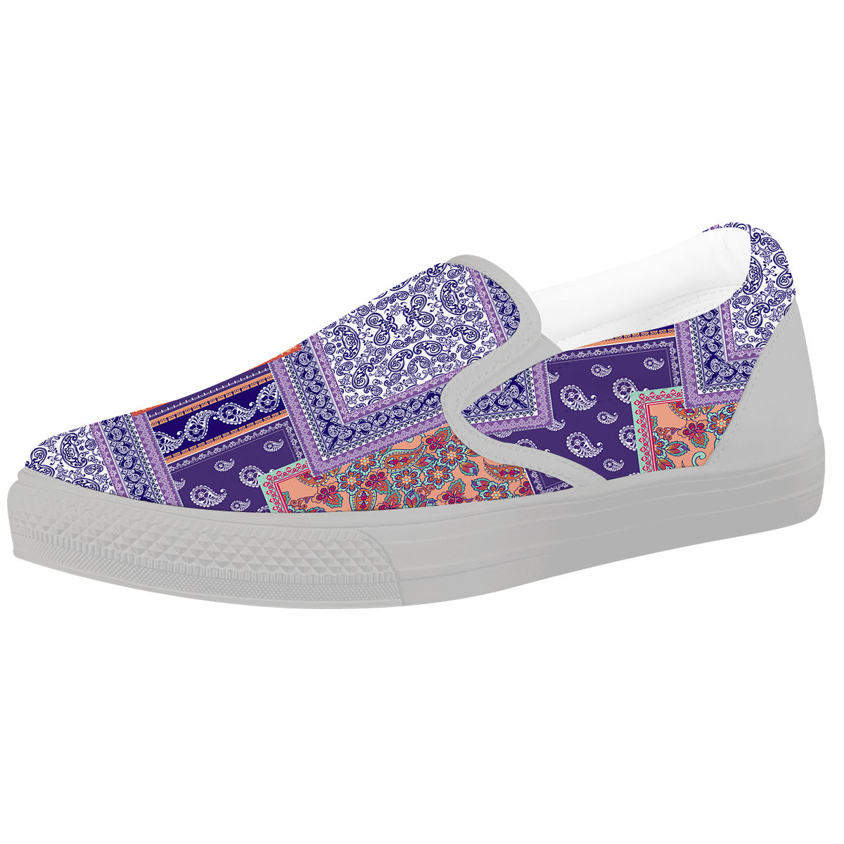 Patchwork Paisley Blue And Orange Print Pattern White Slip On Shoes-grizzshop
