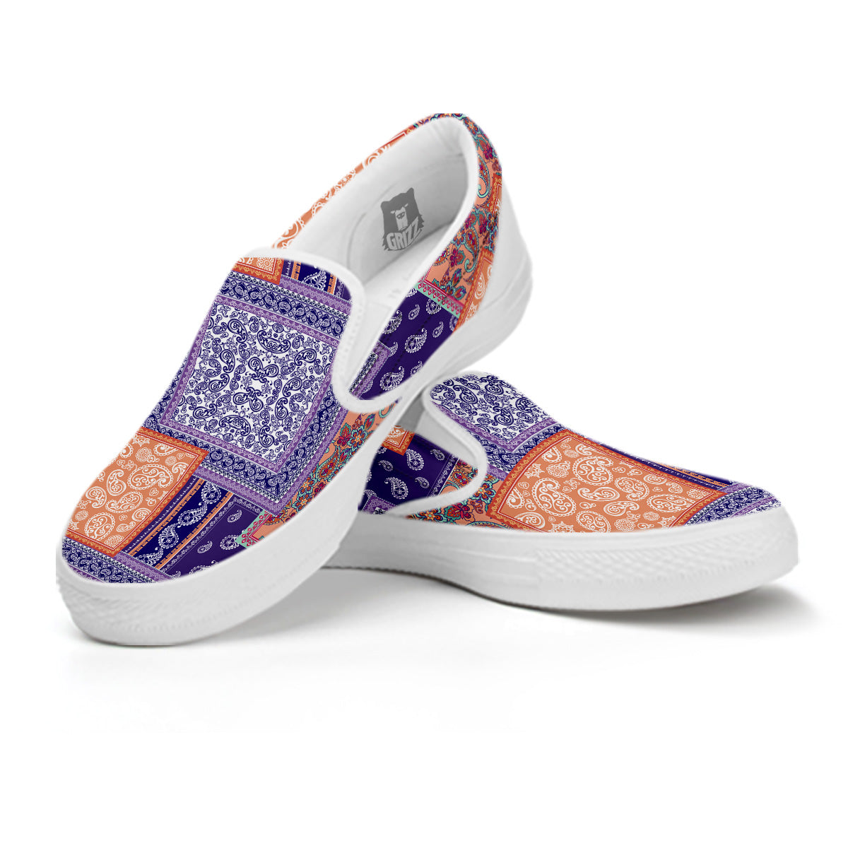 Patchwork Paisley Blue And Orange Print Pattern White Slip On Shoes-grizzshop