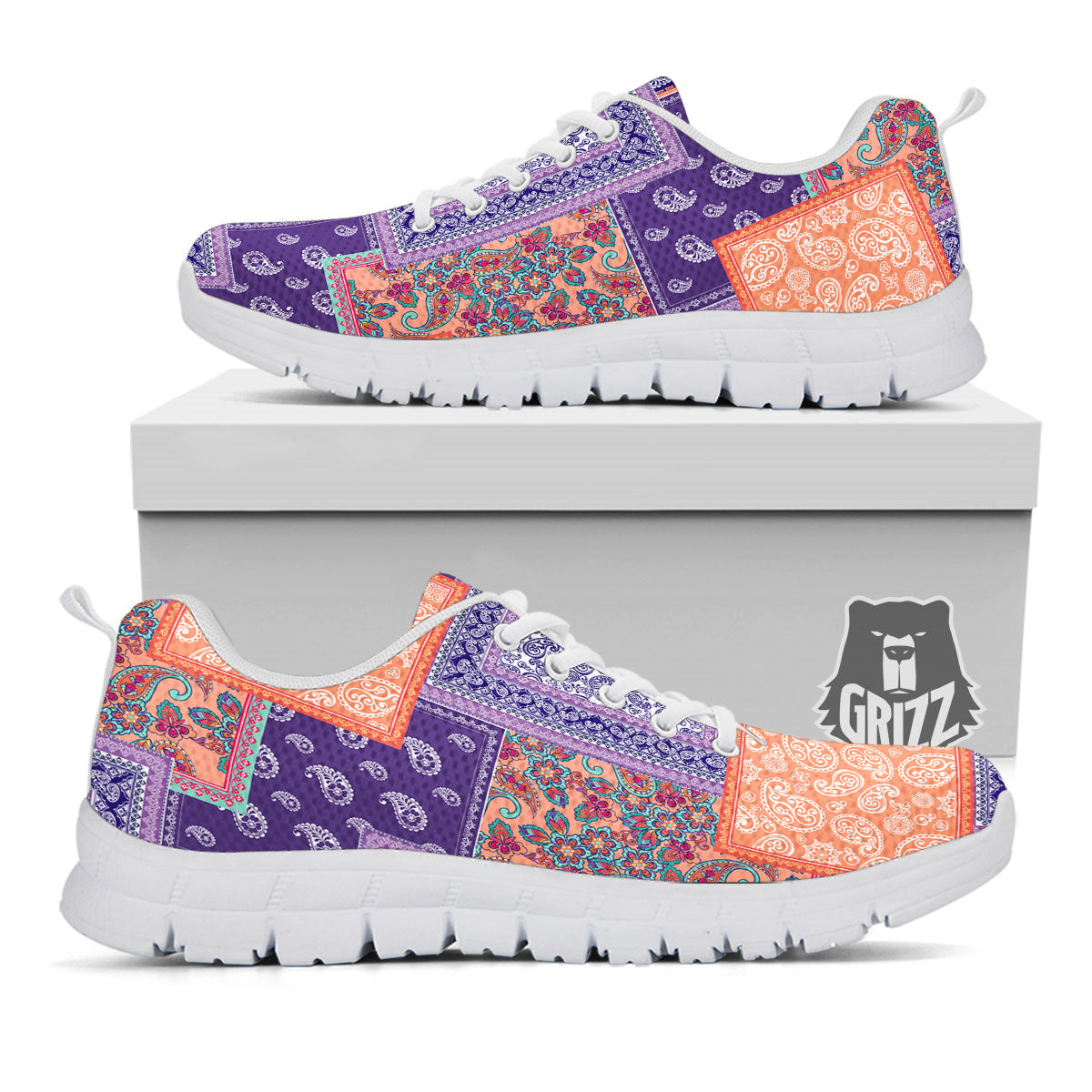 Patchwork Paisley Blue And Orange Print Pattern White Sneaker-grizzshop