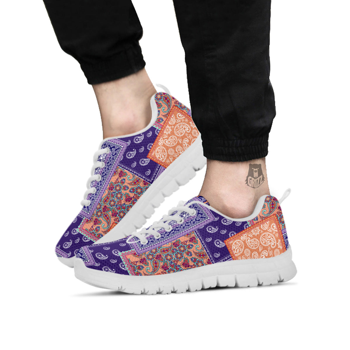 Patchwork Paisley Blue And Orange Print Pattern White Sneaker-grizzshop