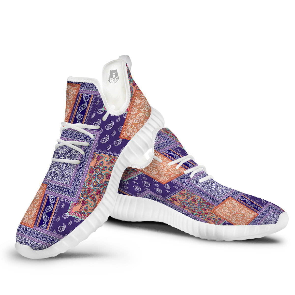 Patchwork Paisley Blue And Orange Print Pattern White Walking Shoes-grizzshop