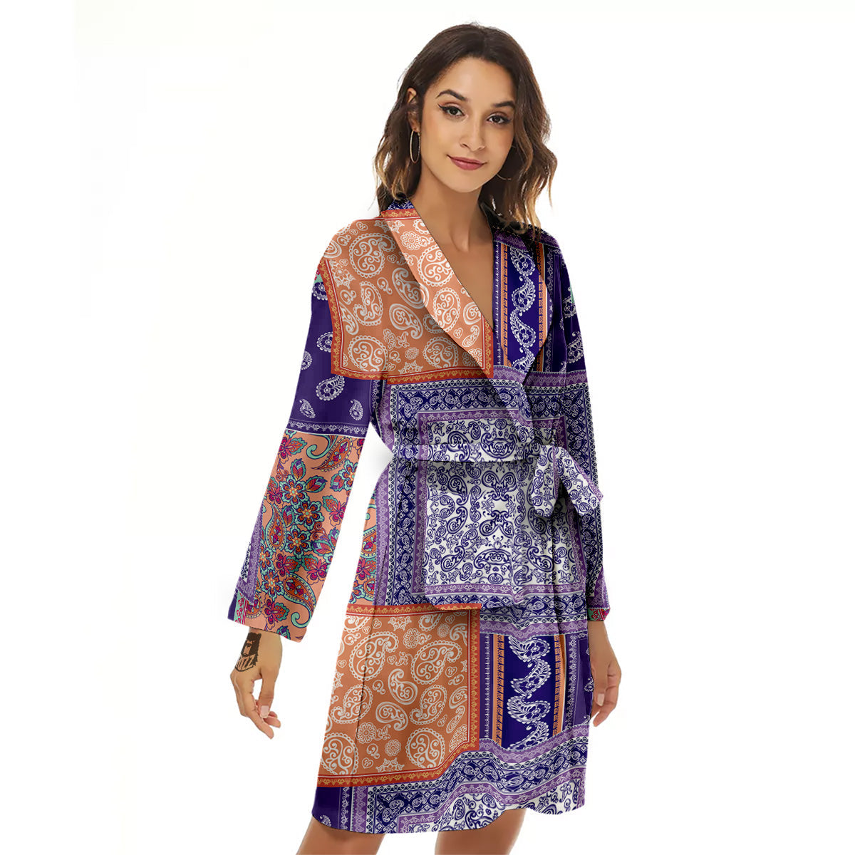 Patchwork Paisley Blue And Orange Print Pattern Women's Robe-grizzshop