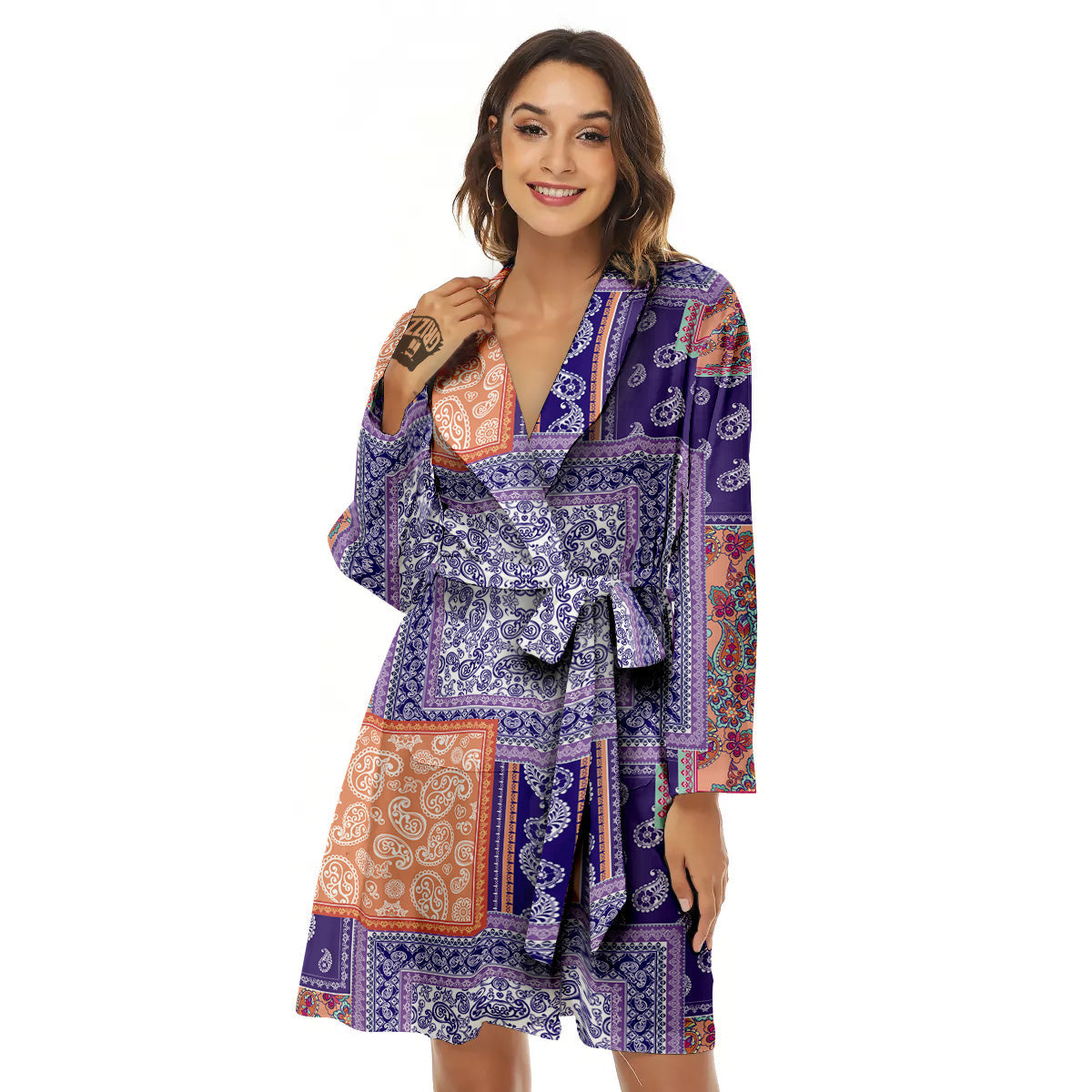 Patchwork Paisley Blue And Orange Print Pattern Women's Robe-grizzshop