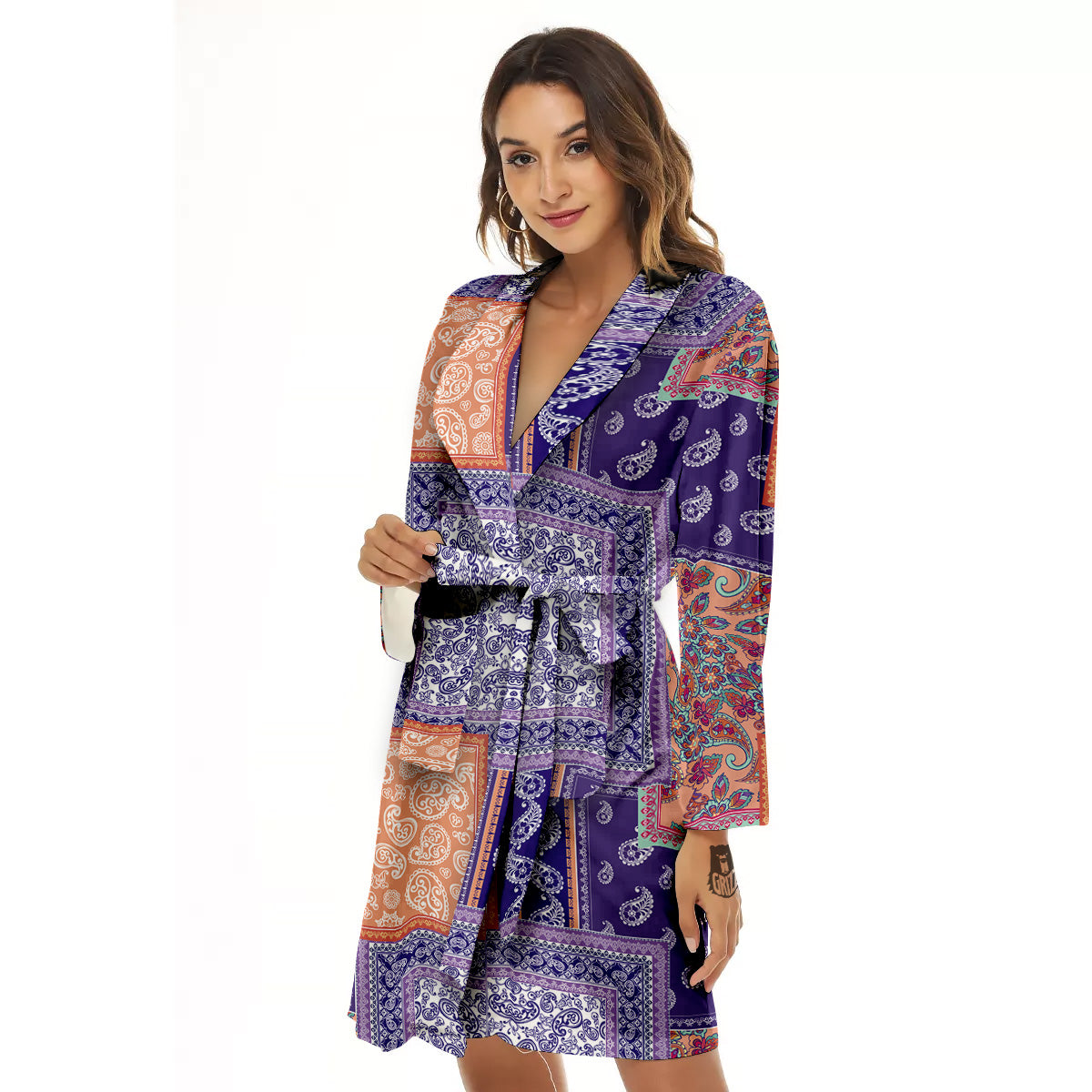 Patchwork Paisley Blue And Orange Print Pattern Women's Robe-grizzshop