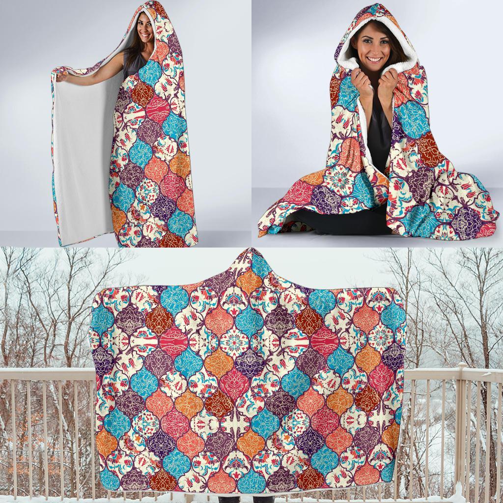 Patchwork Pattern Print Hooded Blanket-grizzshop