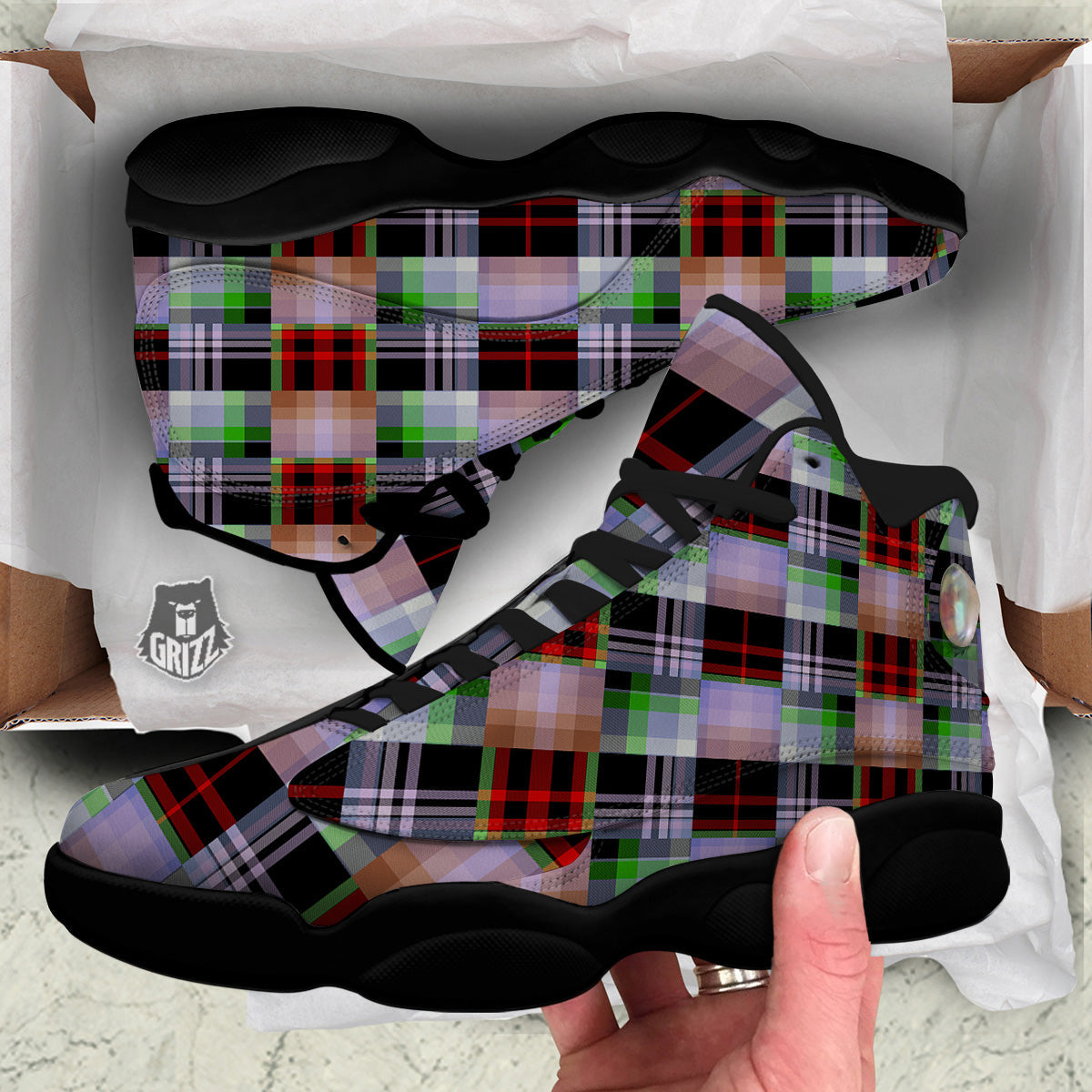 Patchwork Plaid Madras Print Pattern Black Basketball Shoes-grizzshop