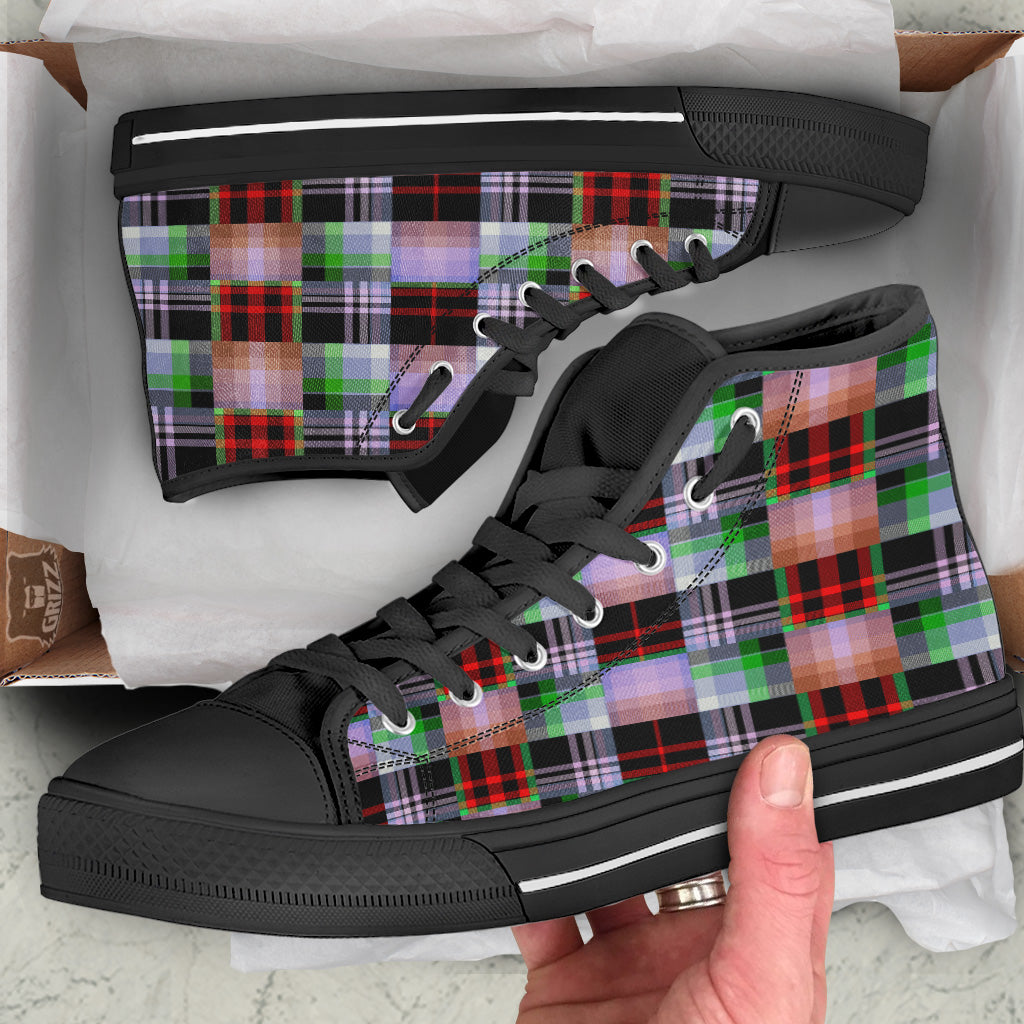 Patchwork Plaid Madras Print Pattern Black High Top Shoes-grizzshop