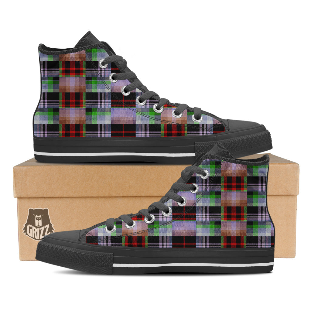 Patchwork Plaid Madras Print Pattern Black High Top Shoes-grizzshop
