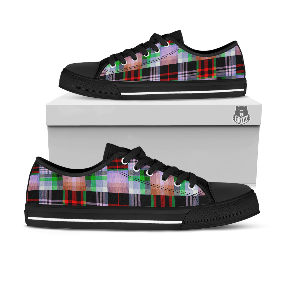 Patchwork Plaid Madras Print Pattern Black Low Top Shoes-grizzshop