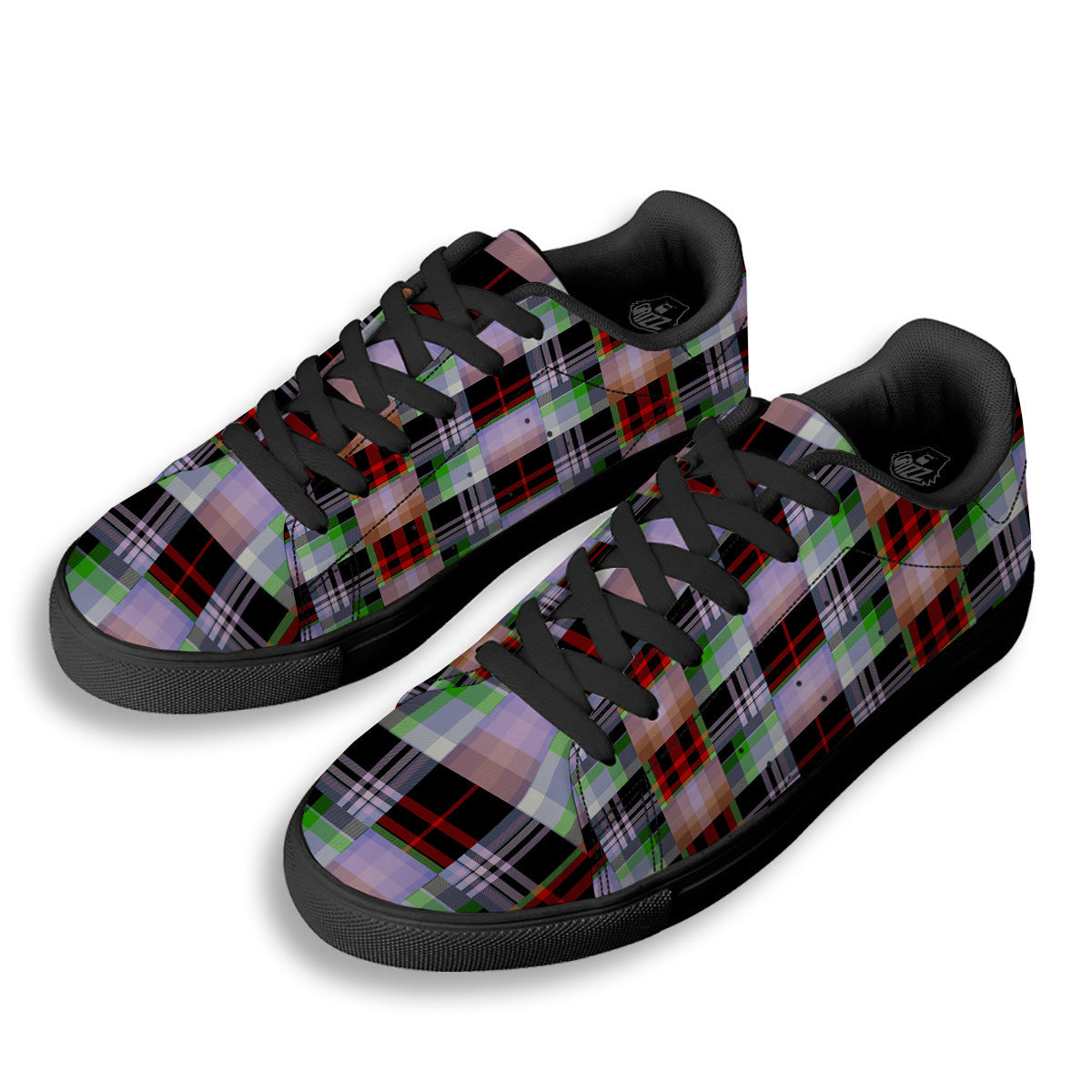 Patchwork Plaid Madras Print Pattern Black Low Top Sneakers-grizzshop