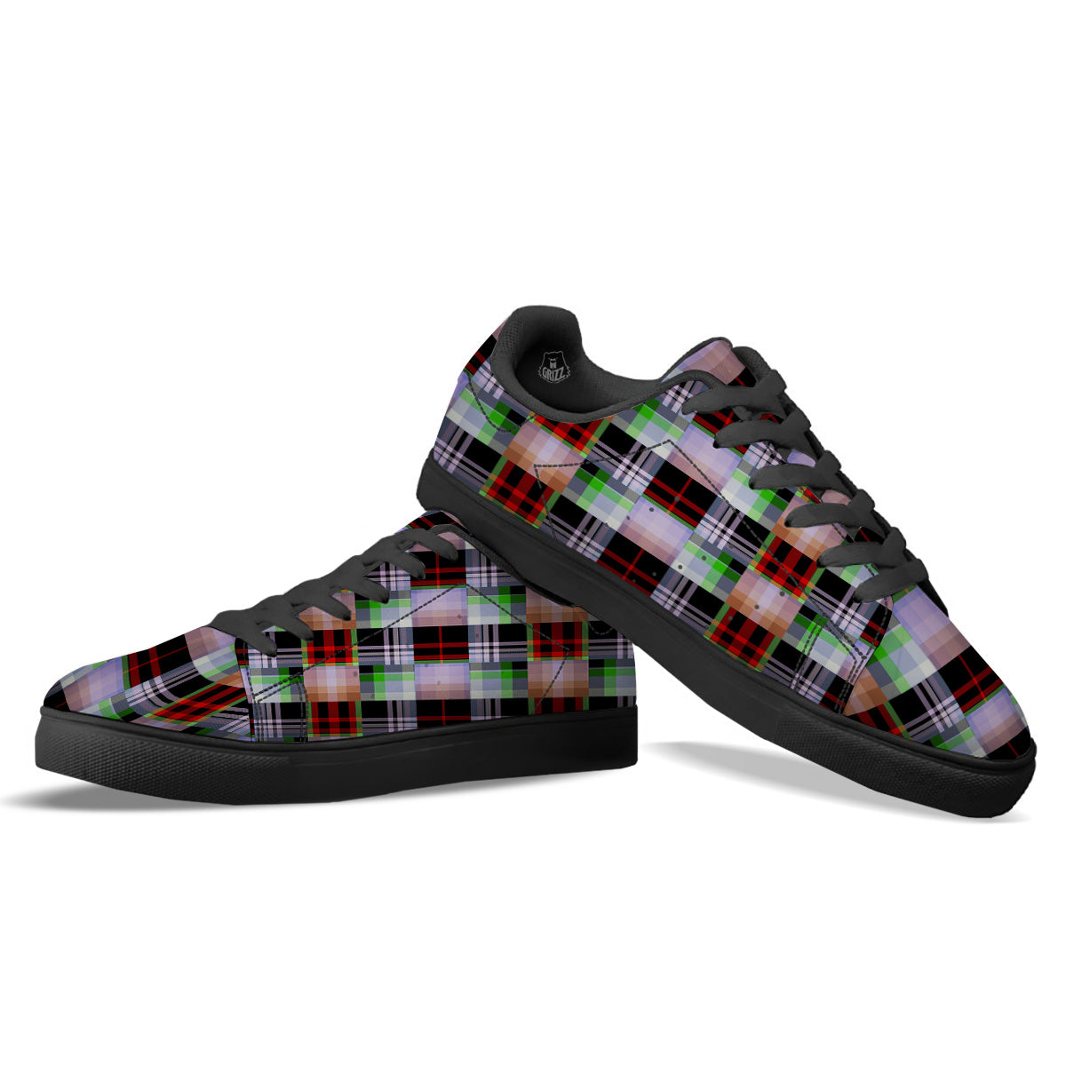 Patchwork Plaid Madras Print Pattern Black Low Top Sneakers-grizzshop
