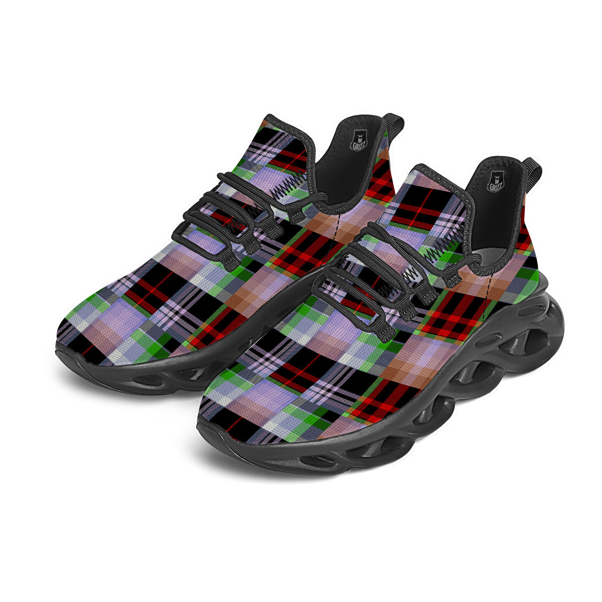 Patchwork Plaid Madras Print Pattern Black Running Shoes-grizzshop