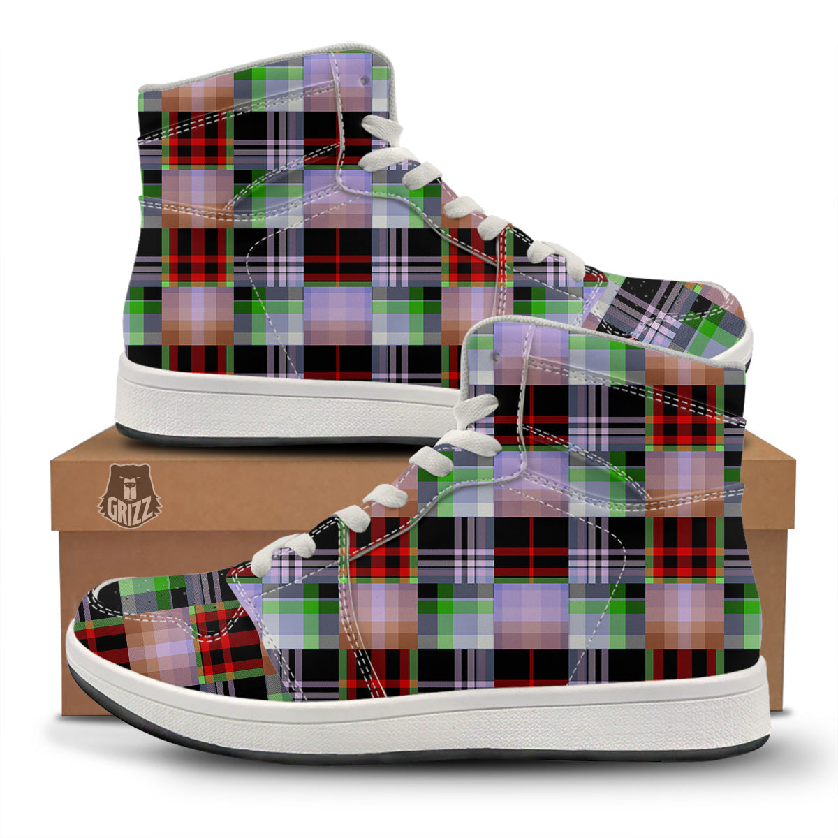 Patchwork Plaid Madras Print Pattern High Top Sneakers-grizzshop