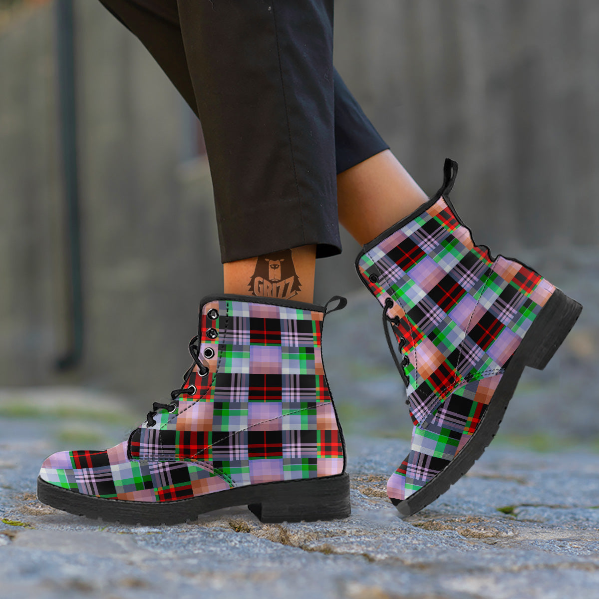 Patchwork Plaid Madras Print Pattern Leather Boots-grizzshop