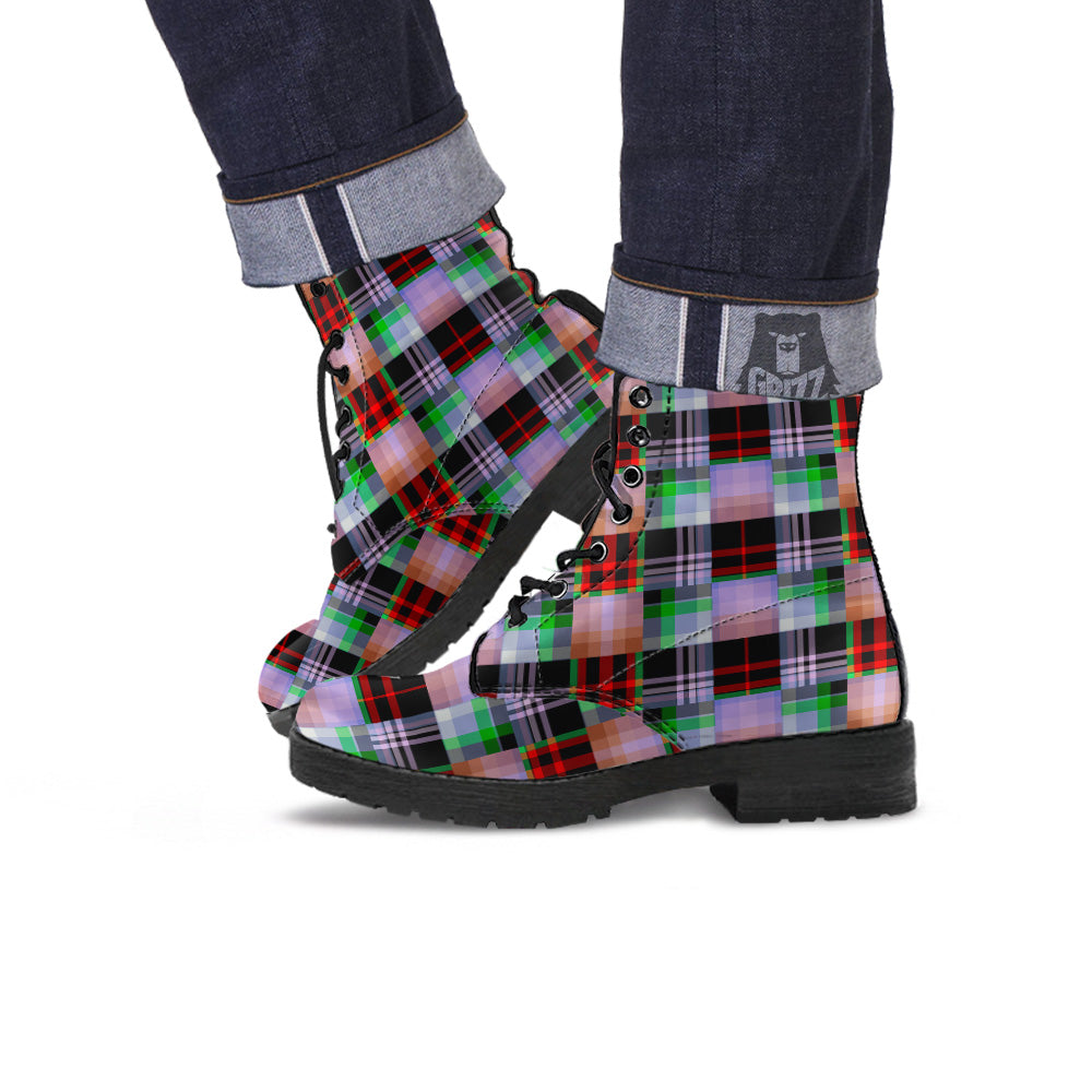 Patchwork Plaid Madras Print Pattern Leather Boots-grizzshop