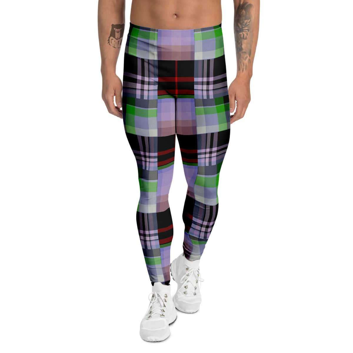 Patchwork Plaid Madras Print Pattern Men's Leggings-grizzshop