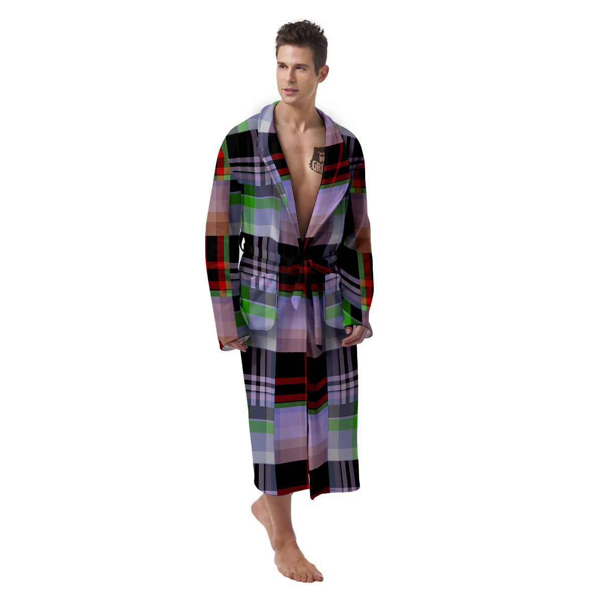 Patchwork Plaid Madras Print Pattern Men's Robe-grizzshop