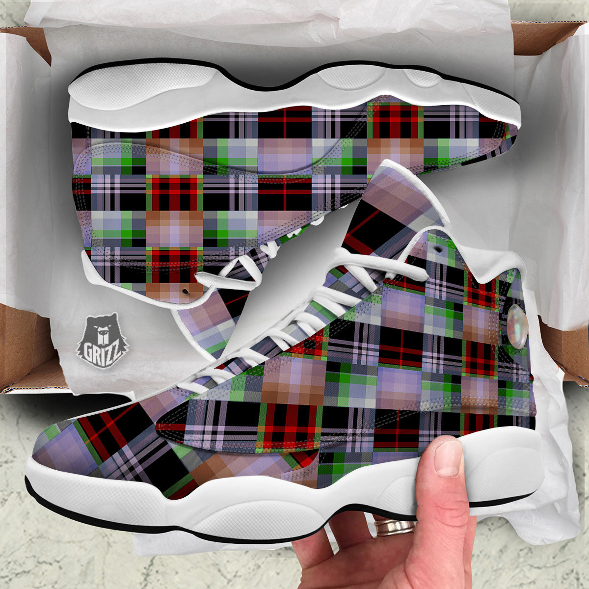 Patchwork Plaid Madras Print Pattern White Basketball Shoes-grizzshop