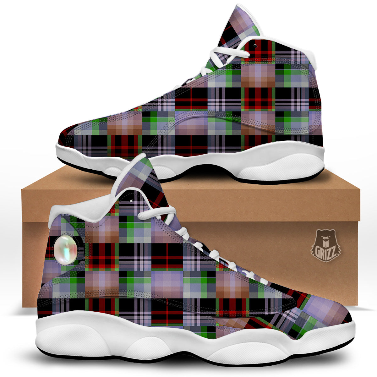 Patchwork Plaid Madras Print Pattern White Basketball Shoes-grizzshop