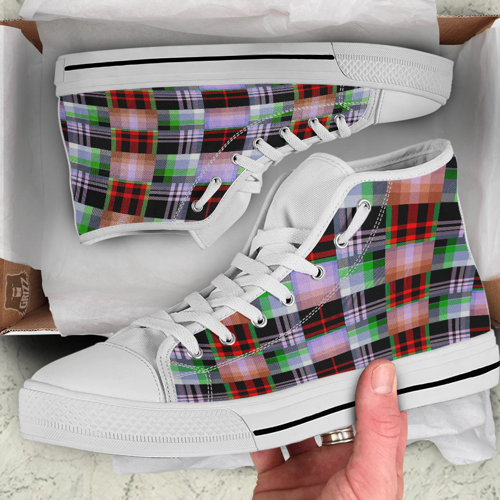 Patchwork Plaid Madras Print Pattern White High Top Shoes-grizzshop