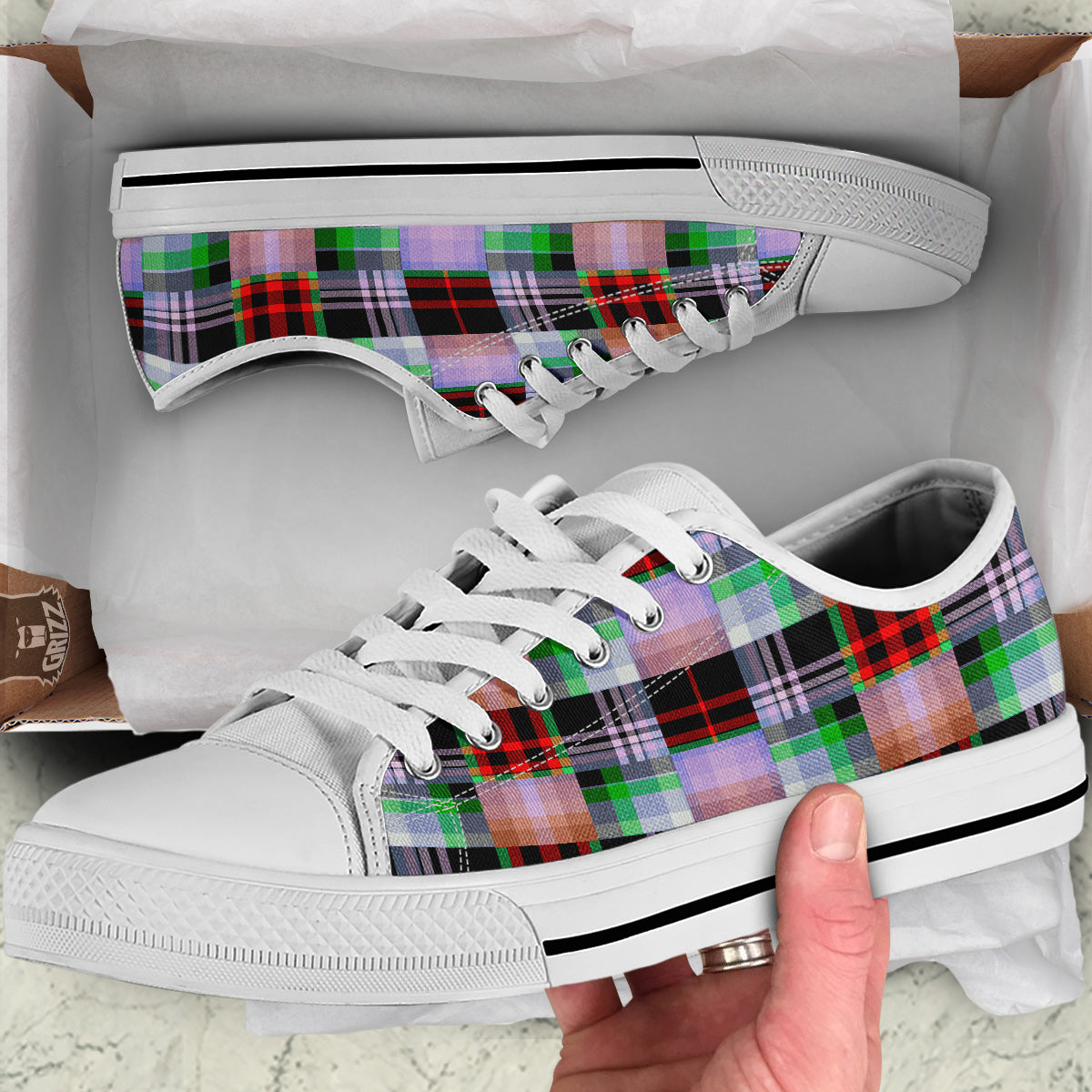 Patchwork Plaid Madras Print Pattern White Low Top Shoes-grizzshop
