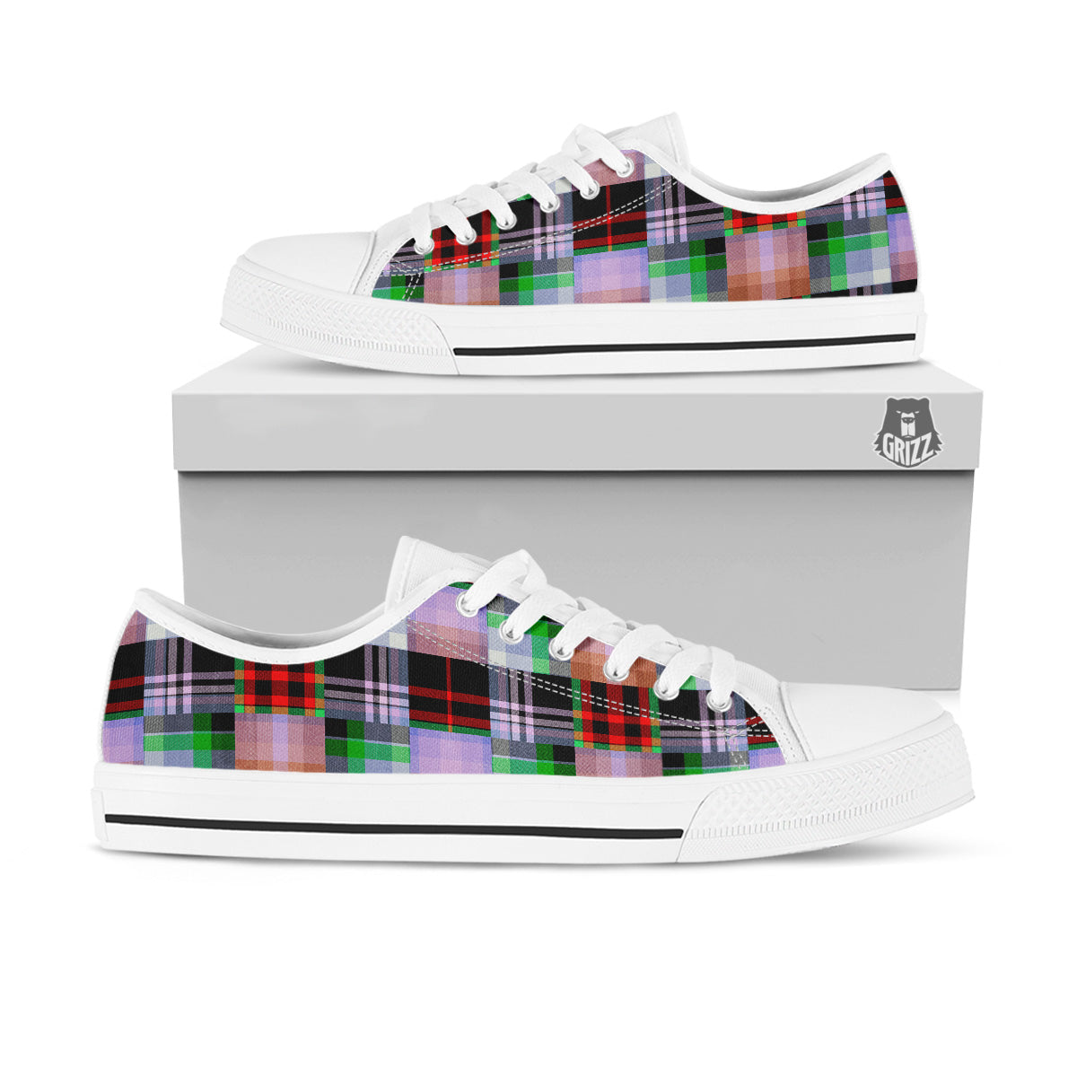 Patchwork Plaid Madras Print Pattern White Low Top Shoes-grizzshop