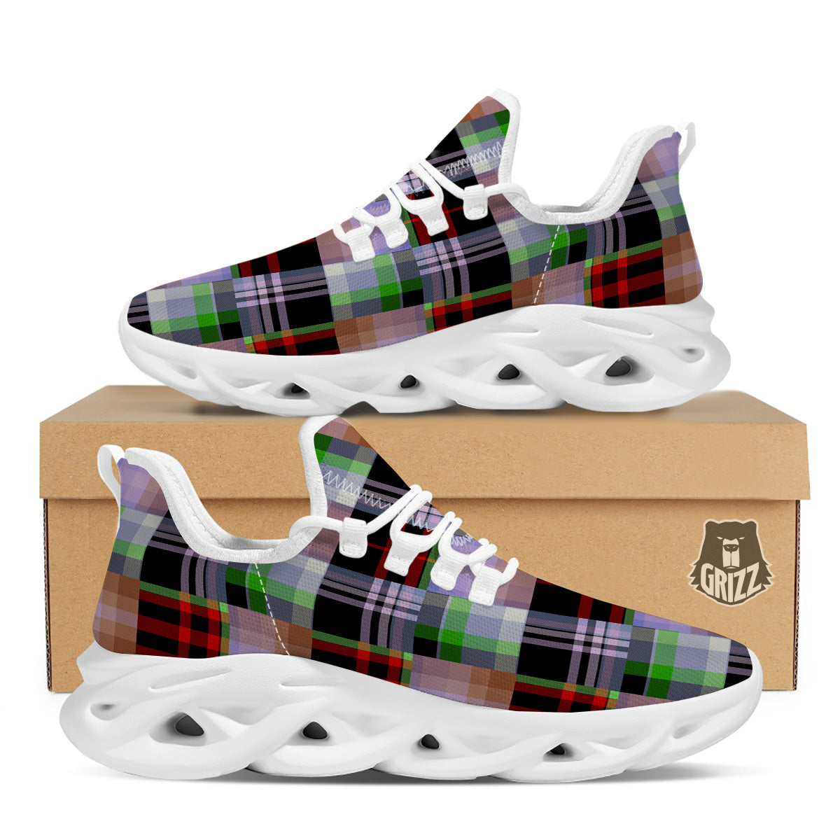 Patchwork Plaid Madras Print Pattern White Running Shoes-grizzshop