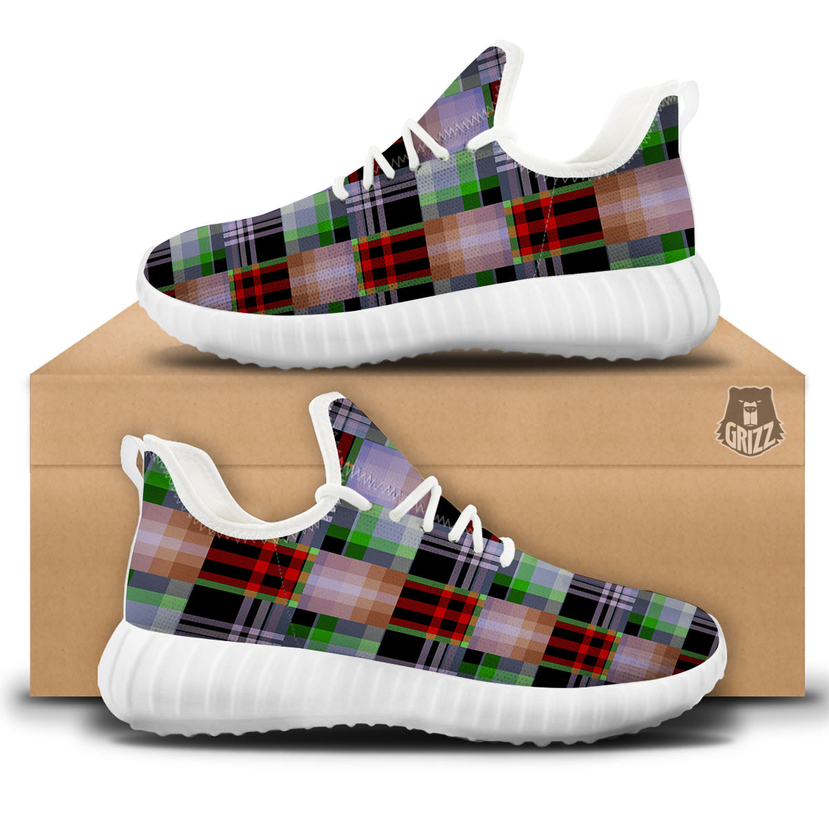 Patchwork Plaid Madras Print Pattern White Walking Shoes-grizzshop