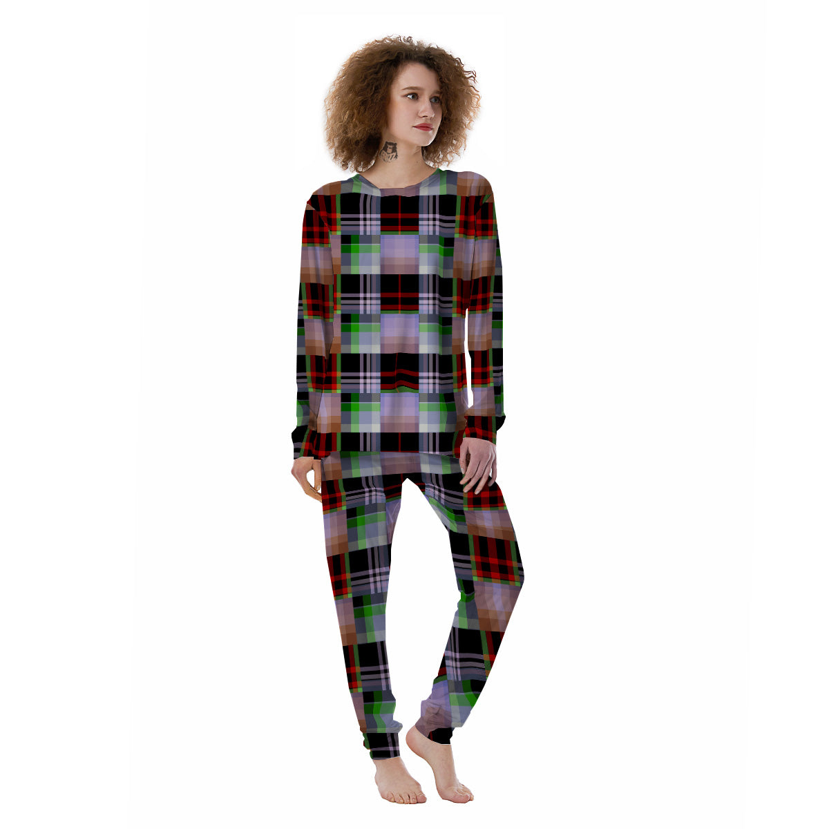 Patchwork Plaid Madras Print Pattern Women's Pajamas-grizzshop