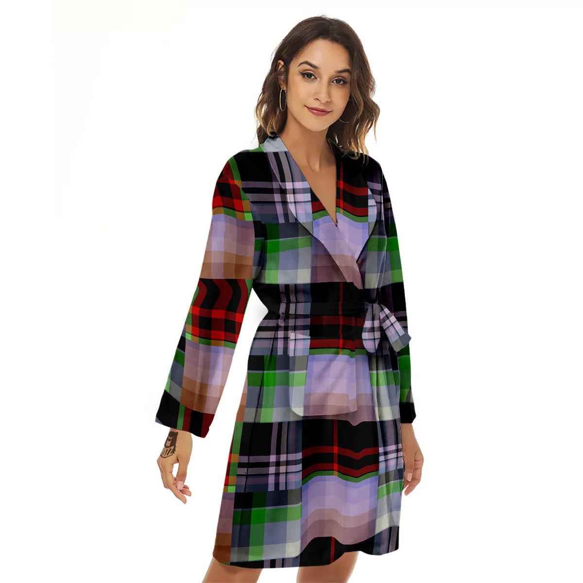 Patchwork Plaid Madras Print Pattern Women's Robe-grizzshop