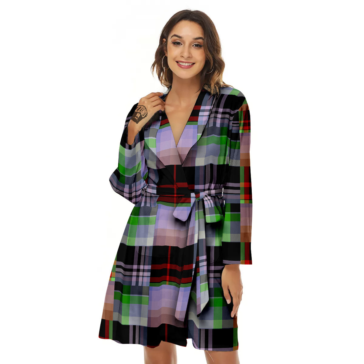 Patchwork Plaid Madras Print Pattern Women's Robe-grizzshop