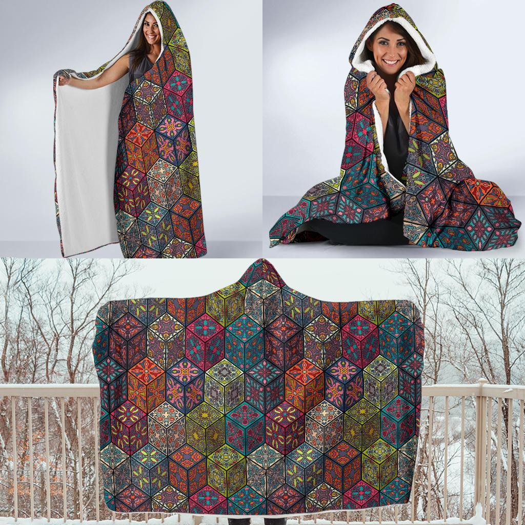 Patchwork Print Pattern Hooded Blanket-grizzshop