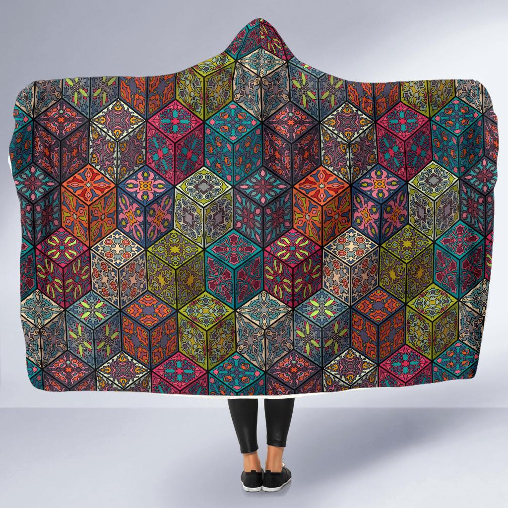 Patchwork Print Pattern Hooded Blanket-grizzshop