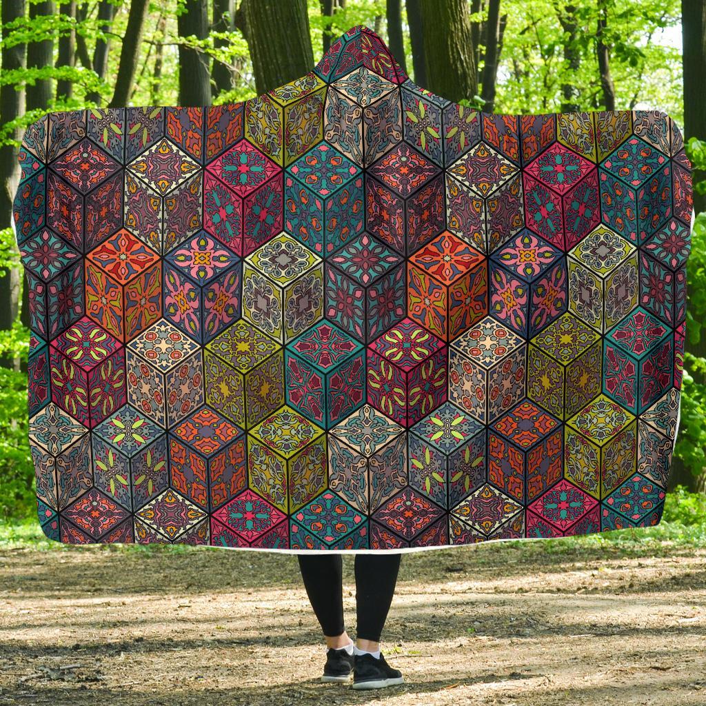 Patchwork Print Pattern Hooded Blanket-grizzshop