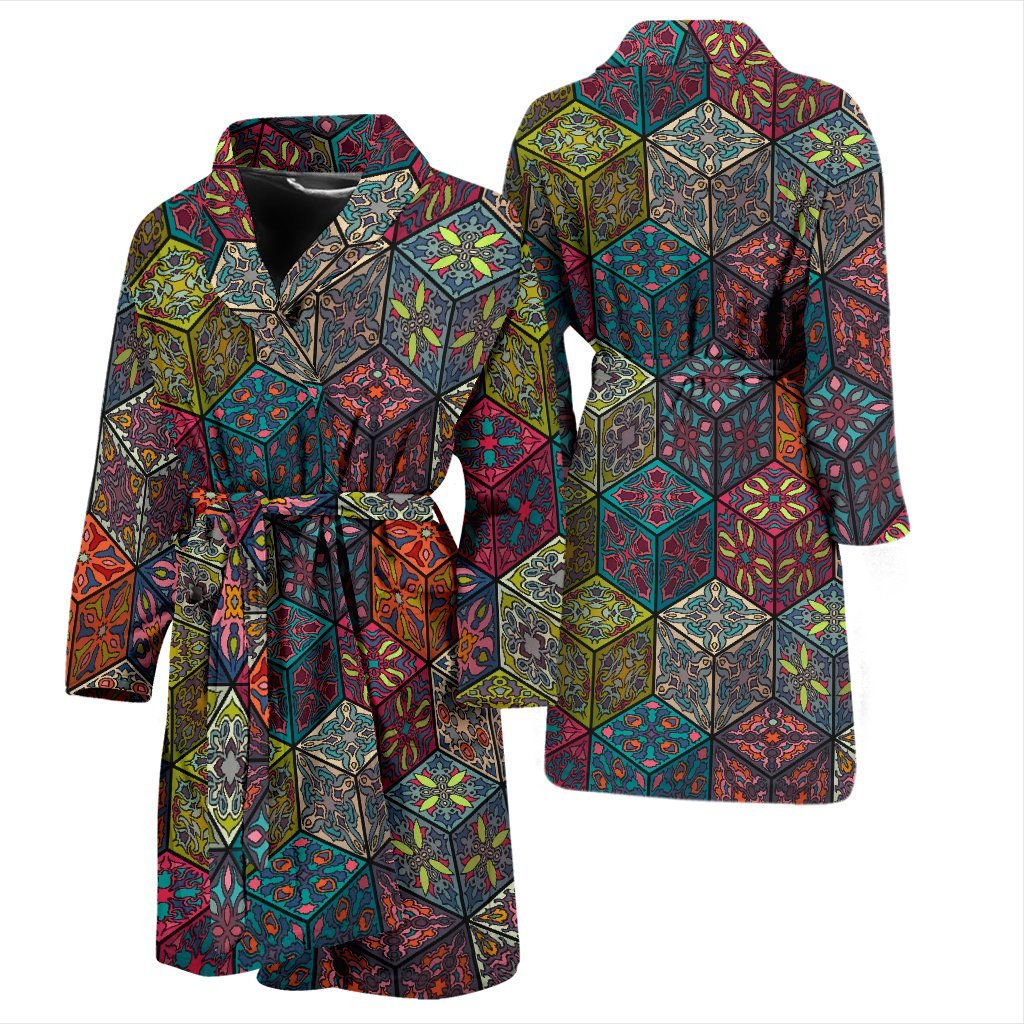 Patchwork Print Pattern Men Long Robe-grizzshop