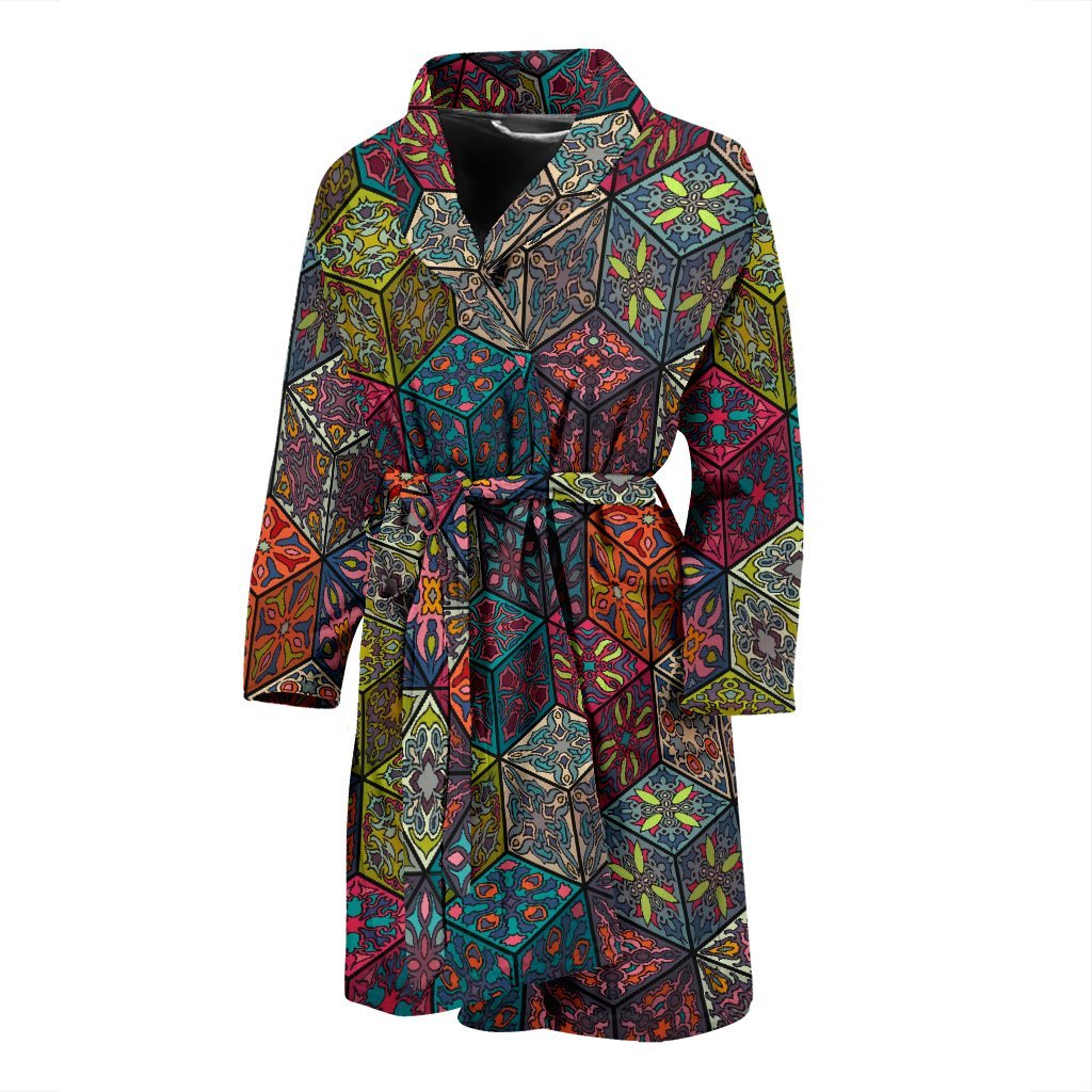 Patchwork Print Pattern Men Long Robe-grizzshop