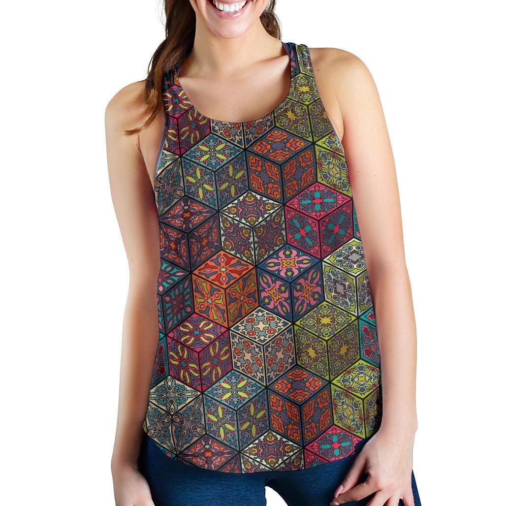 Patchwork Print Pattern Racerback Tank Tops-grizzshop