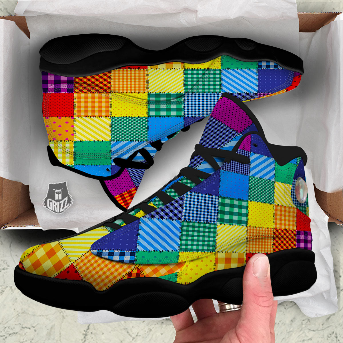 Patchwork Rainbow Print Pattern Black Basketball Shoes-grizzshop