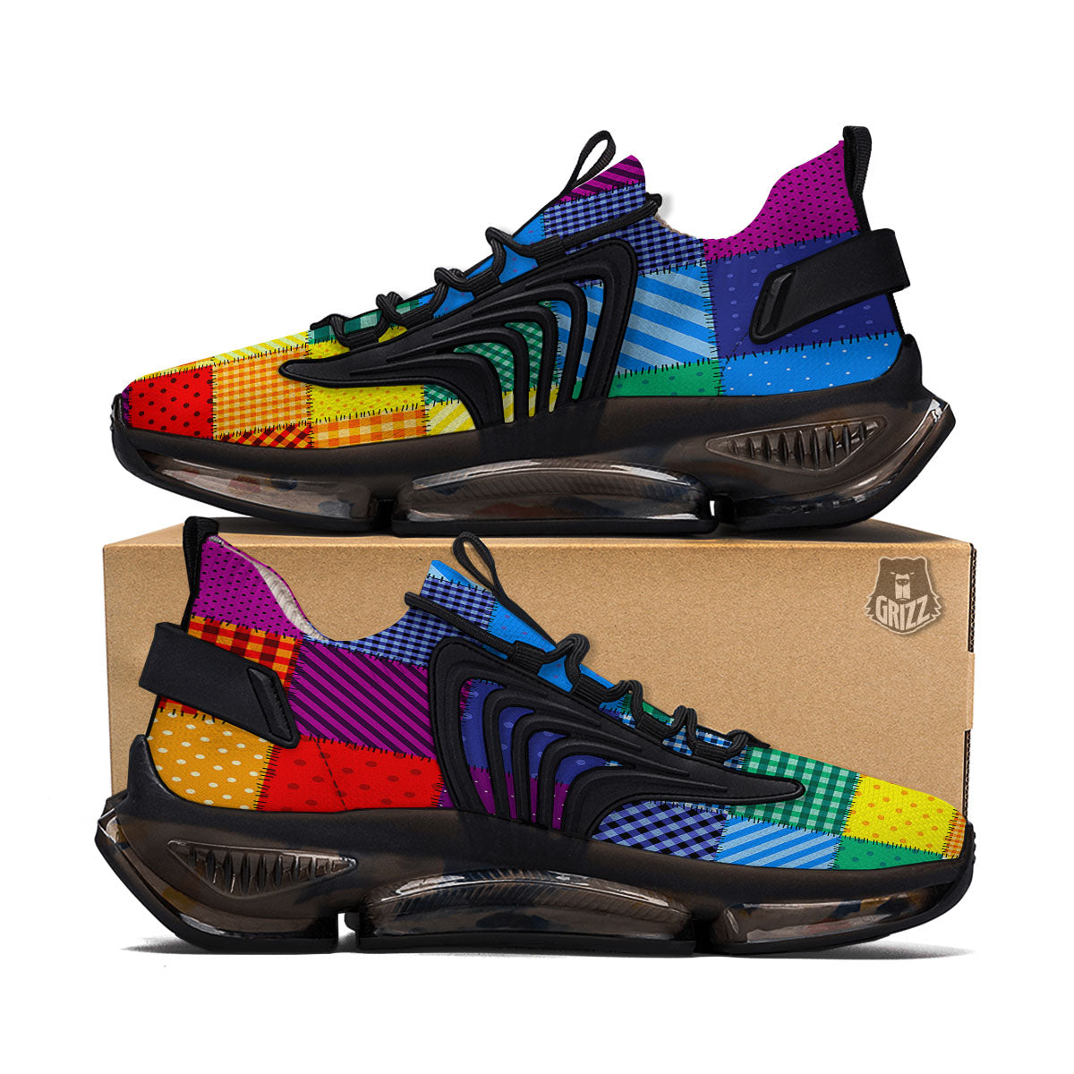 Patchwork Rainbow Print Pattern Black Gym Shoes-grizzshop