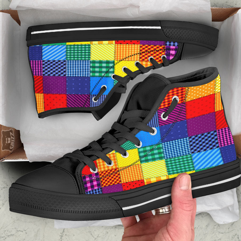 Patchwork Rainbow Print Pattern Black High Top Shoes-grizzshop